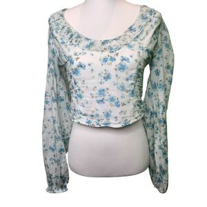 Free People Blue Floral Ruffle Open Back Crop Blouse Top Medium